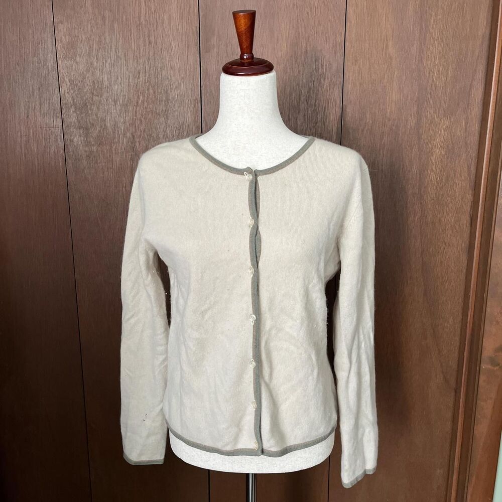 mac & jac women's cashmere cream cardigan with green and brown trim